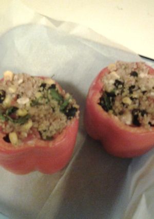 A picture of SouthWestern style quinoa stuffed peppers.