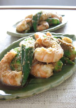 A picture of Prawn and Okra with Sweet Sesame Sauce.