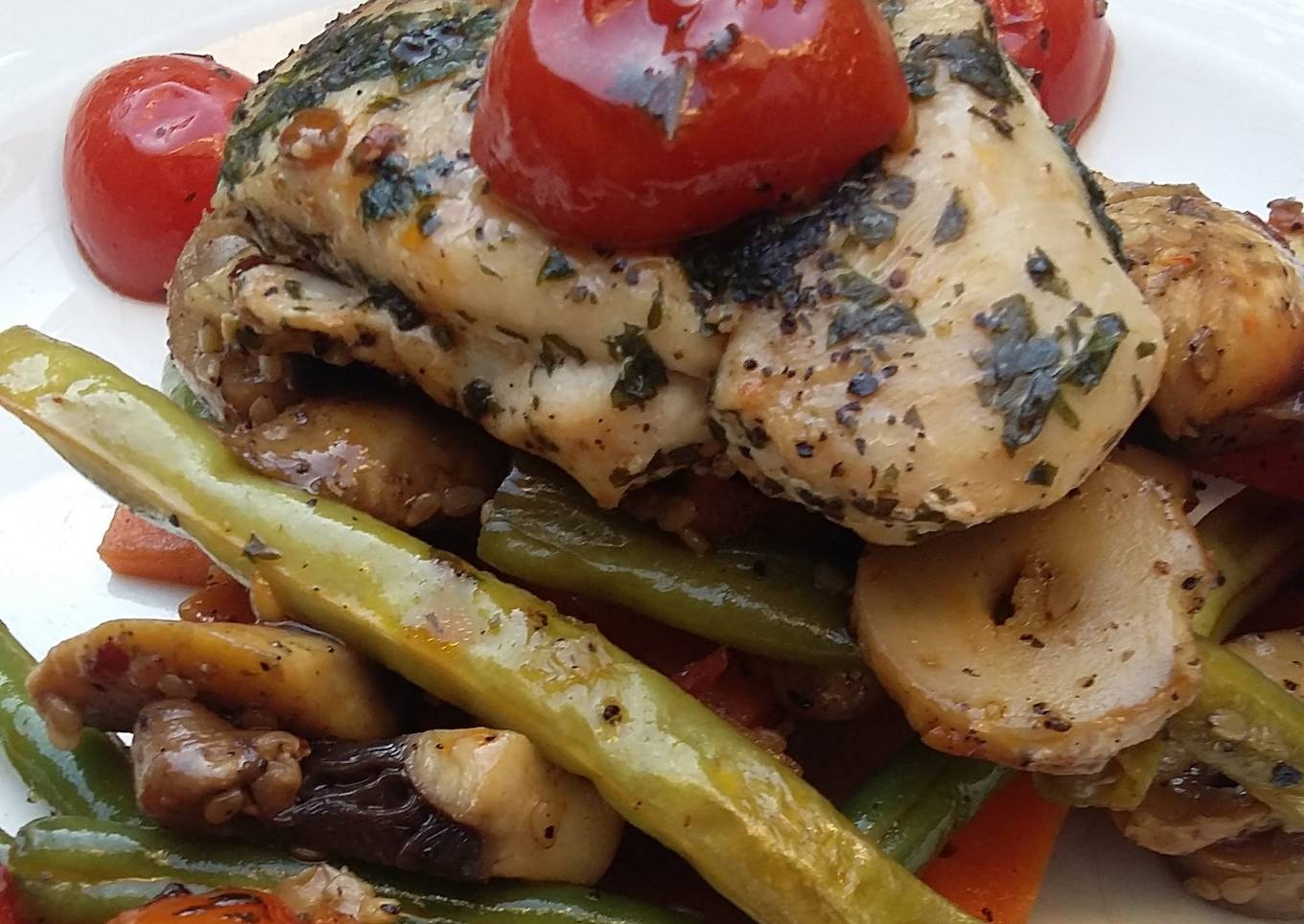 Herb Crusted Chicken over Vegetable Stir Fry