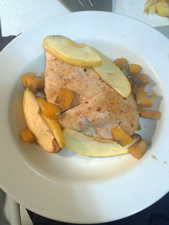 A picture of Tasty baked apple chicken and sweet potatoes!.