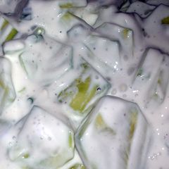 A picture of grandma's creamy cucumbers.
