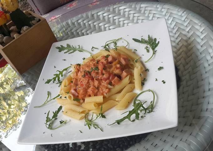 Recipe of Homemade Penne with Smoked Ham and Mushroom in FreshTomato Cream Sauce