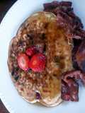 Strawberry Pancakes with Peanutbutter and Chocolate Chips.