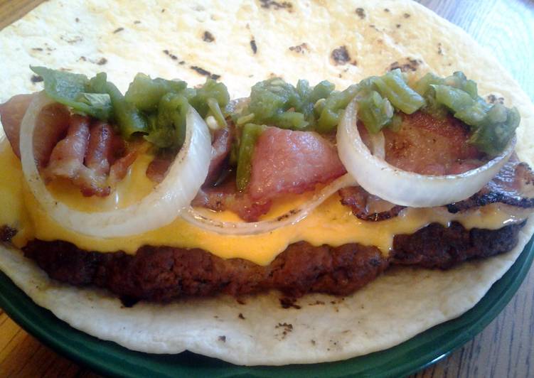 green chili bacon and cheese tortilla burger