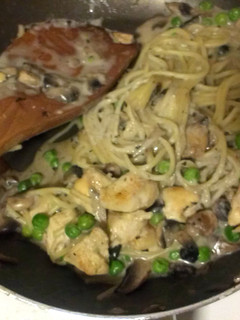 A picture of Chicken and mushroom spaghetti.