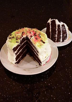 A picture of Chocolate Chiffon Layer Cake with Peppermint Marscapone Cream Filling / Frosting.