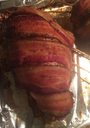 A picture of Peppercorn Bacon Wrapped Chicken Breast.