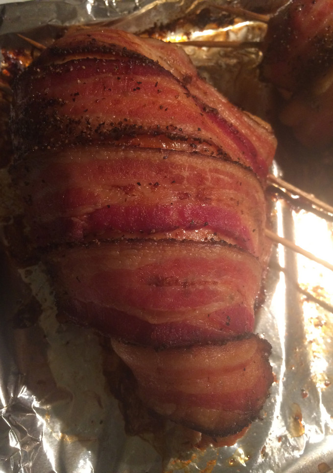 A picture of Peppercorn Bacon Wrapped Chicken Breast.