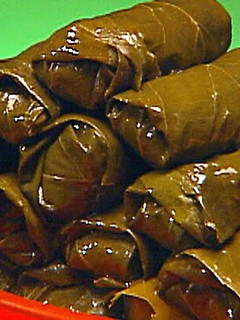 A picture of stuffed grape leaves.