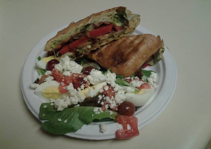 Recipe of Ultimate Ciabata bread, pesto, pepper, and cheese sandwich with spinach salad