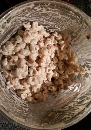 A picture of Bacon Reach Pasta Salad Homemade Party Style.