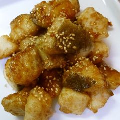 A picture of Fried Diced Haddock in a Sweet-Savory Sauce.