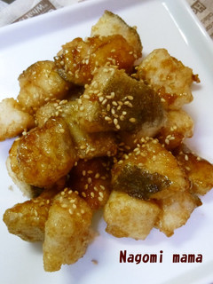 A picture of Fried Diced Haddock in a Sweet-Savory Sauce.