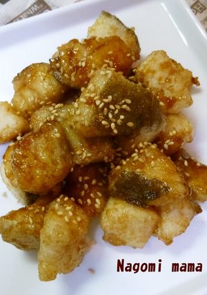 A picture of Fried Diced Haddock in a Sweet-Savory Sauce.