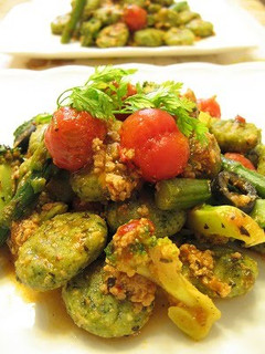 A picture of Okara Gnocchi with Tomato and Basil Sauce.