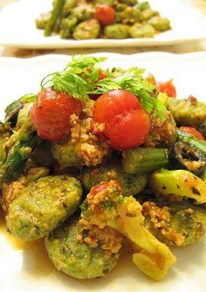 A picture of Okara Gnocchi with Tomato and Basil Sauce.