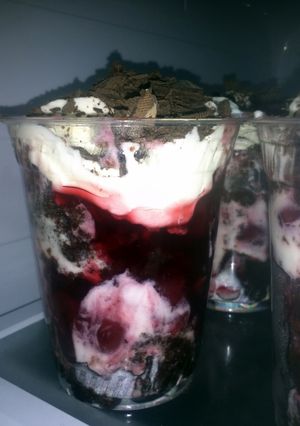 A picture of black forest cake parfait.