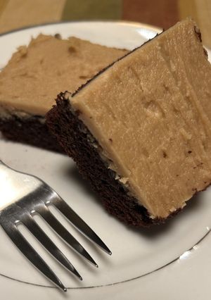 A picture of Dairy Free Double Chocolate Cake with Dairy Free Peanut Butter Icing.