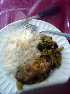 A picture of Steak with Broccoli and Rice.