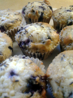A picture of Lavender Almond Blueberry Muffins with Cream Cheese Filling.
