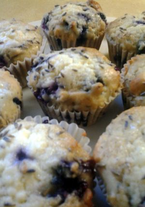 A picture of Lavender Almond Blueberry Muffins with Cream Cheese Filling.