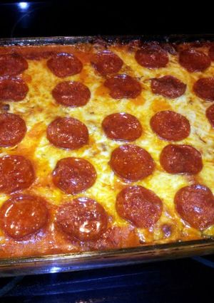 A picture of Baked spaghetti with cream cheese.