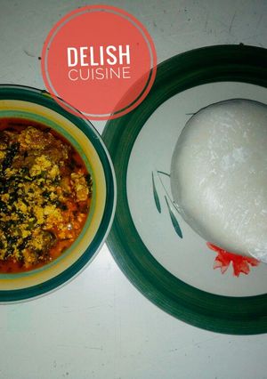 A picture of Egusi (melon soup) and semovita.