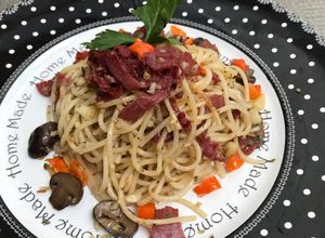 Foto resep Spagetti Aglio Olio Smoked beef & Mushroom