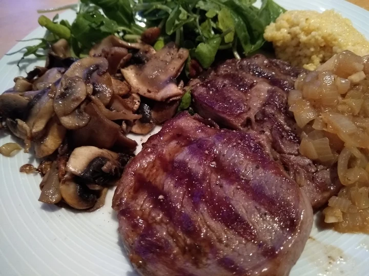 Easy Way Prepare Recipe Ribeye Steak with Onion Gravy, Mushrooms &amp;amp; Fresh Greens that is So Delicious, Perfect}