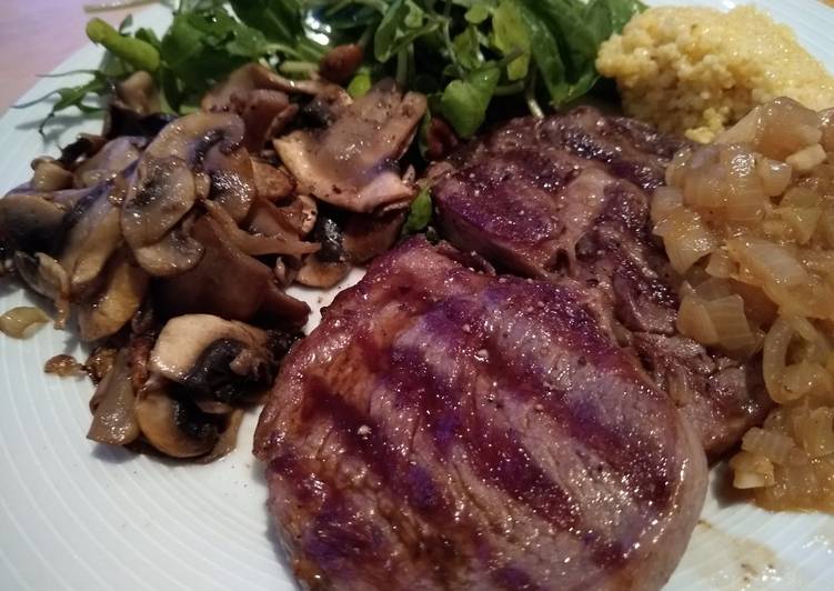 Step-by-Step Guide to Prepare Quick Ribeye Steak with Onion Gravy, Mushrooms &amp; Fresh Greens