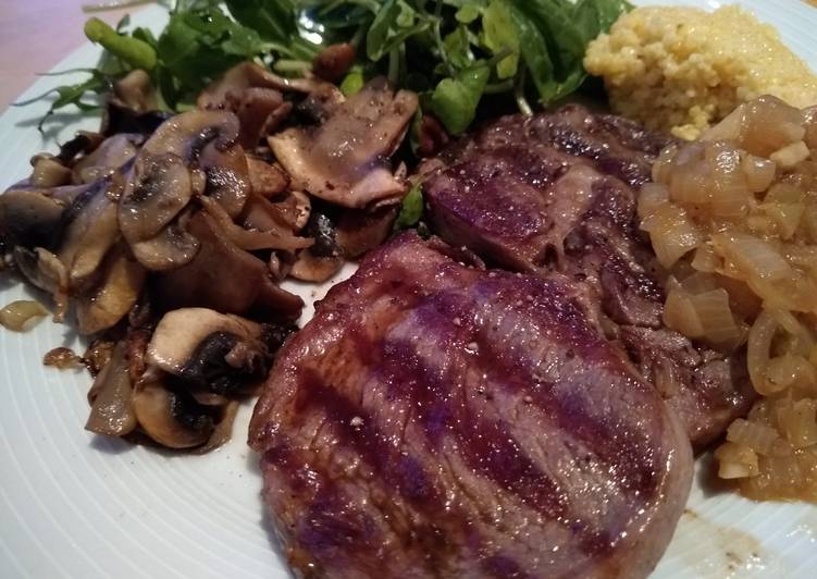 Simple Way to Prepare Any-night-of-the-week Ribeye Steak with Onion Gravy, Mushrooms &amp; Fresh Greens