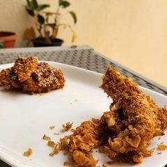 A picture of Oven fried high protein chicken stripes.