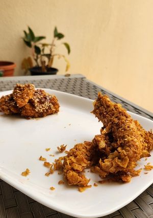 A picture of Oven fried high protein chicken stripes.