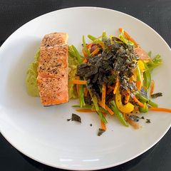 Salmon Avocado Mustard With Fancy Veggies A picture of Salmon Avocado Mustard With Fancy Veggies.