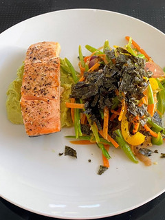 A picture of Salmon Avocado Mustard With Fancy Veggies.