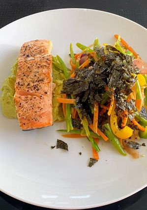 A picture of Salmon Avocado Mustard With Fancy Veggies.