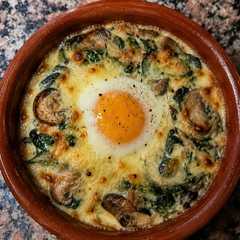 Una foto de Cazuelita Gratinada de Espinaca, Champiñones y Queso con Huevo al Horno 🥚🧀🍄