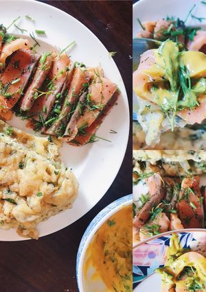 รูปของ ไข่เจียวมันฝรั่ง แซลมอนรมควัน ซอสมาสตาร์ท Low carb