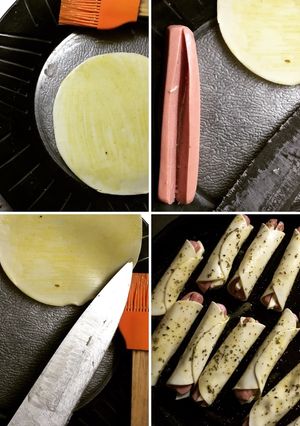 Una foto de Salchichas envueltas con mostaza y queso