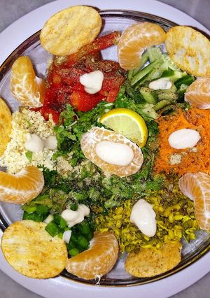 A picture of Vegan, tropical sprouts burrito bowl.