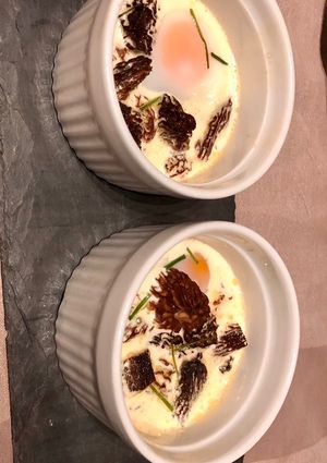 A picture of Baked Eggs with Morel Mushrooms.