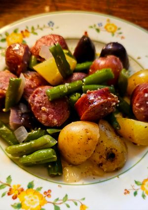 A picture of Kielbasa Potato Green Bean Bake.