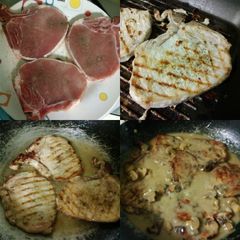A picture of Grilled x Pan Fried Pork Chop in Mushroom Gravy.