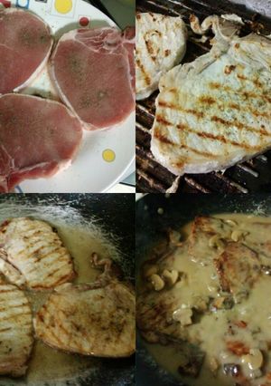 A picture of Grilled x Pan Fried Pork Chop in Mushroom Gravy.