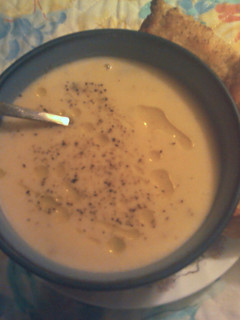 A picture of Mark's Creamy Potato and Cauliflower Soup.