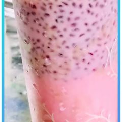 Chia milk with red syrup A picture of Chia milk with red syrup.