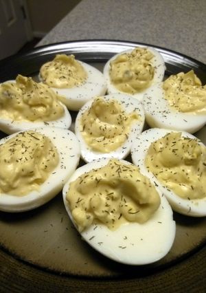 A picture of Deviled Eggs with Dill.