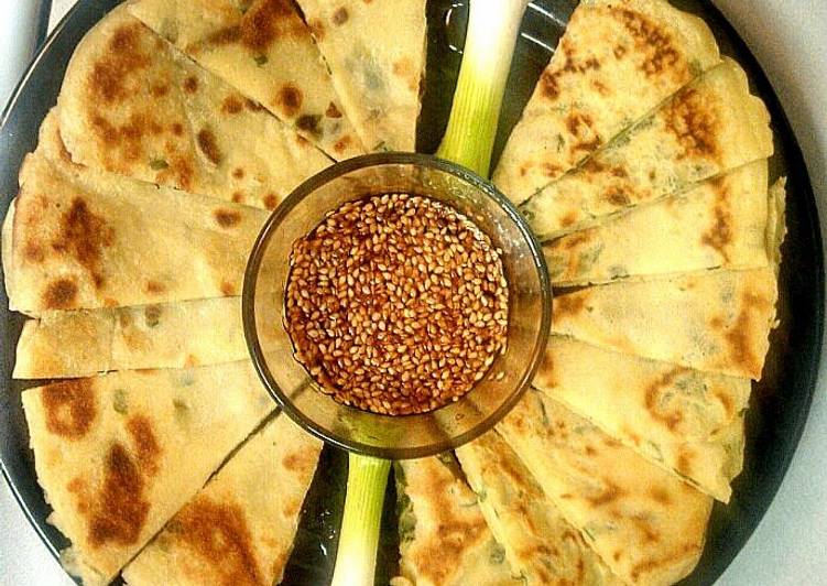 Steps to Prepare Super Quick Homemade Scallion Pancakes w/Sesame Dipping Sauce