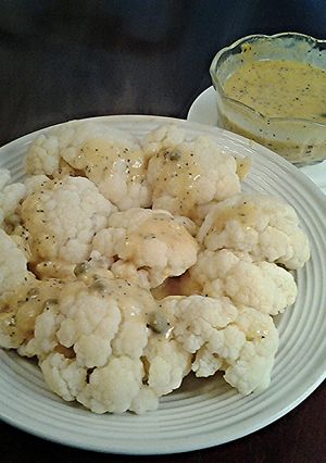A picture of Cauliflower with Chili Lime Hollandaise Sauce.
