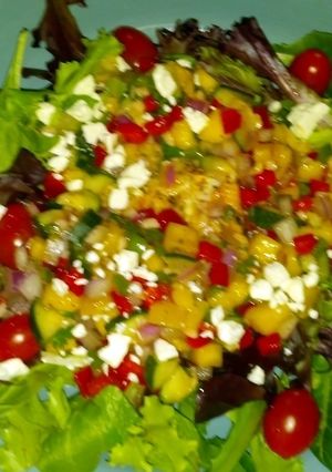A picture of Grilled tilapia over baby greens, topped w fresh mango salsa.